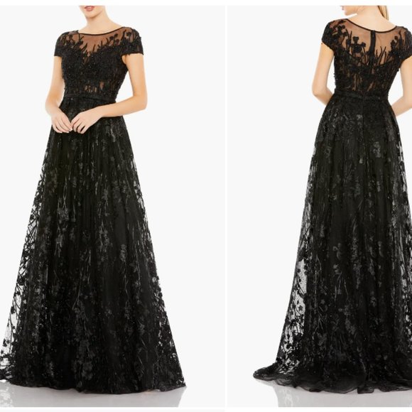MAC DUGGAL EMBELLISHED FLORAL CAP SLEEVE A-LINE BLACK GOWN sz 16 - Picture 5 of 5